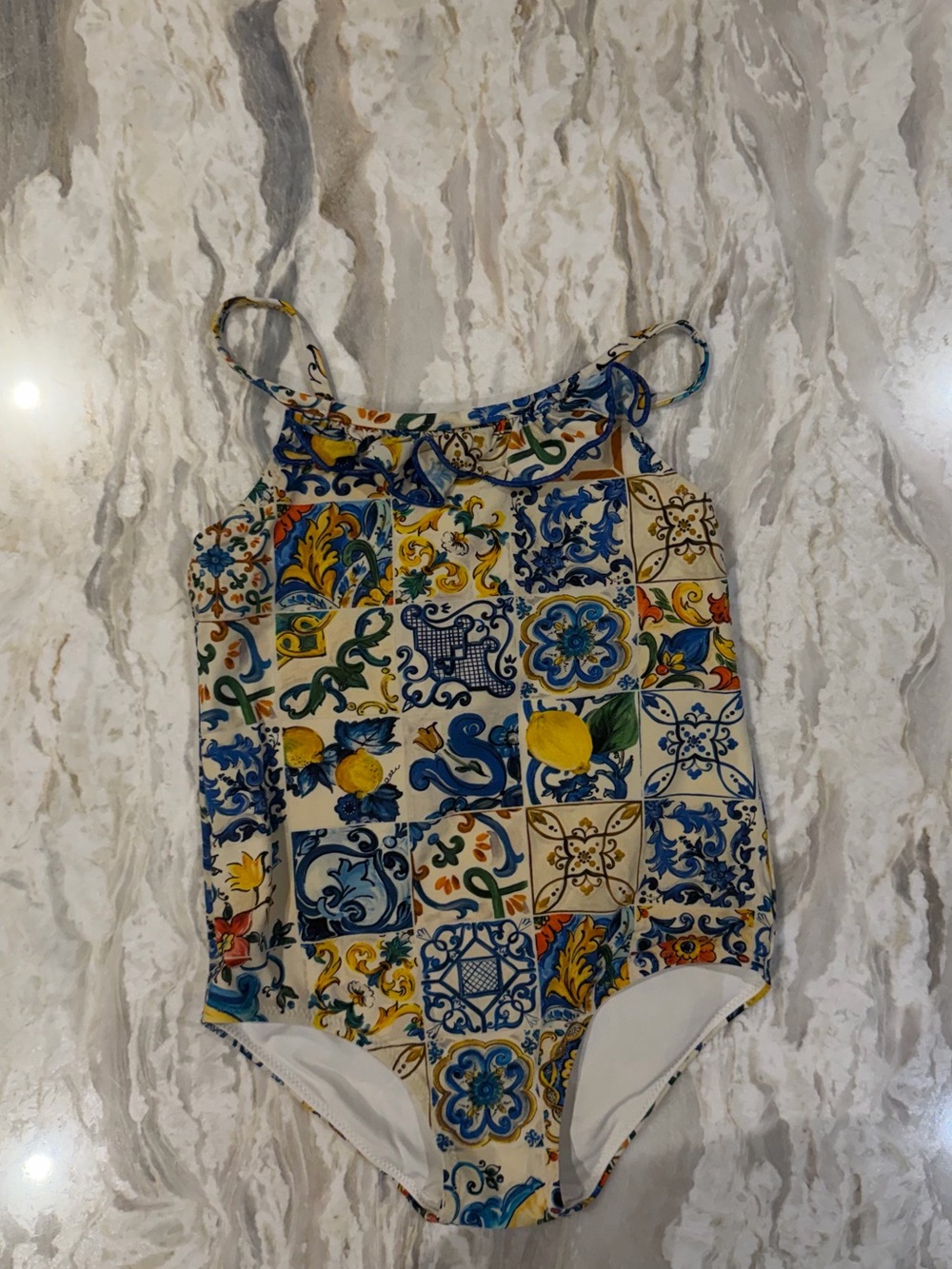 Dolce & Gabbana Kids - Girls Blue & Yellow Tile Print One-Piece Swimsuit